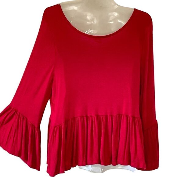 Cacia Red Boxy Crop Top with Scoop Neck Ruffled Bell Sleeve and Peplum Hem  Med - Picture 4 of 8
